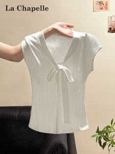 La Chapelle | Womens White Bow-Tie V-Neck Slim-fit Short Sleeve Tee