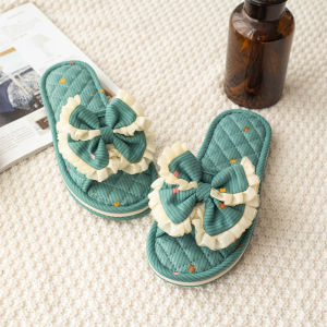 New Ladies Fabric Slippers Thick Bottom Indoor Home Slippers Silent Anti-Slip Guest Greeting Butterfly Knot Lace Edge