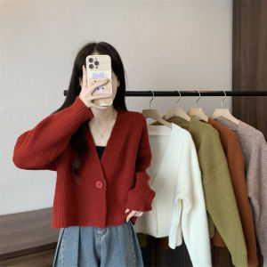 Wanita Sweater Rajutan Kardigan V-neck Top Coat Panjang Pendek Desain Satu Kancing