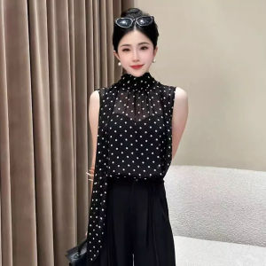 chaqi | French Dot Stand Collar Sash Sleeveless Chiffon Shirt Women Summer Design Sensation Niche Fashion Trendy Top Commute Style Loose Fit