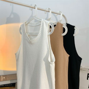 Summer Thin Ice Silk Sleeveless Vest Mens Trendy Sport Casual Loose Layering Shoulder Top Textured Lightweight round Neck Sweat Vest