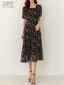 BAILUOANN | Elegant French Style Floral Print Short Sleeve Midi Dress Womens Summer Fashion Slimming Straight Cut A-Line Skirt Dress