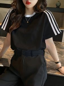 American Retro Color Block Three Stripe Short Sleeve T Shirt Women Summer Loose Oversize High End Feeling Trendy Top
