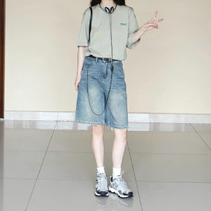 American Style High Waist Denim Shorts Women Summer New Loose Slim Straight Five-Quarter Mid-Pants Anti-Wrinkle Deep Color