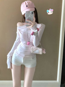 YUEZHONGWEI | Pink Asymmetrical Off-Shoulder Ruffle Long Sleeve Tee