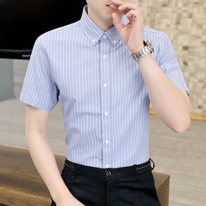 HENGYUANXIANG | Hengyuanxiang Mens Short Sleeve Shirt Cotton Casual Striped Half Sleeve Summer Fashionable City Style Standard Fit Youth Fashion