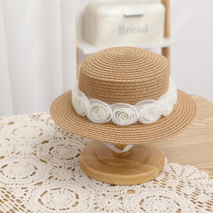New Fashion Straw Hat Parent-child Travel Beach Bucket Hat Rose Flower Lace Beach Sun Caps Women Girls Panama Kids Party Hat