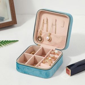 Hộp Đựng Trang Sức Bằng Nhung Dành Cho Nữ Hộp Đựng Đồ Du Lịch Di Động Có Khóa Kéo Hộp Đựng Hình Vuông Cho Vòng Cổ Nhẫn Bông Tai