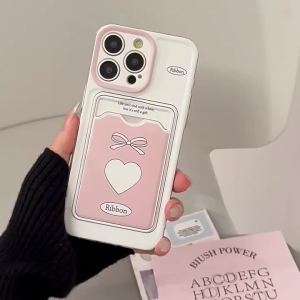 Korean Pink Love Heart Card Slot Bag Holder Phone Case for iPhone 17 Air 16 15 12 13 14 11 Pro Max Plus Shockproof Soft Cover