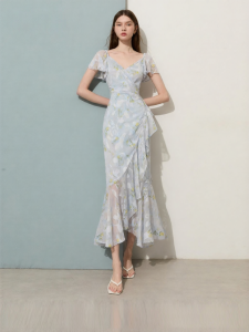 D-PLAY | Resort French Style Blue V-Neck Waist Fitted Mermaid Dress