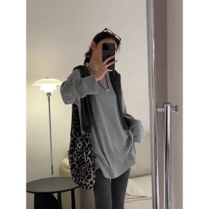 เสื้อยืดคอกลมแขนยาวสีเทา ทรงหลวม ทรงหลวม ลำลอง ฤดูใบไม้ร่วง/ฤดูหนาว เสื้อชั้นใน ทรงหลวม ลำลอง ทรงหลวม แขนยาว ปกติ