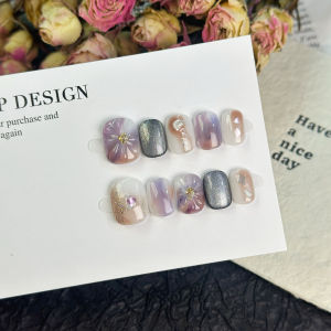 Handmade Cat Eye Nail Tips Short round 14mm Gradient Violet Flower Pure Handmade Wearable False Nails Macaron Color Series
