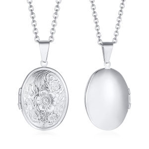 Vnox Monogram Floral Oval Heart Locket Pendant Necklaces for Women Men Stainless Steel Photo Frame Promise Love Keepsake Collar