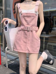 Spring Summer New High Waist Slimming Short Denim Dress Womens Fashion A-Line Skirt Dirty Pink Color Casual Commute Style