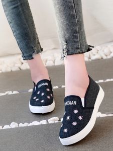Spring Korean Style Womens Canvas Shoes with Thick Sole and Denim Upper Casual One-Pedal Easy Wear Shoes for Youth