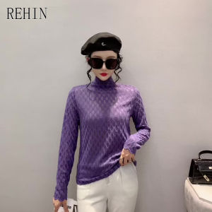 REHIN Womens top High-neck lace long sleeve T-shirt Feather down pullover slim fit mesh inner lining trend blouse