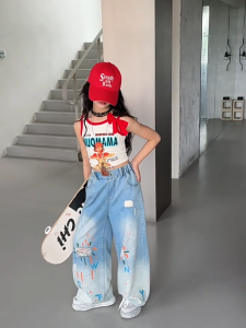 New Jeans For Kids Girl 7-15yrs Color Print Ripped Pants For Kids Girl Fashion Street Style Maong Pants For Kids Girl Wide Leg Pants For Kids Girl ootd For Kids Girl