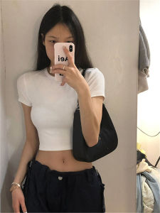 Áo Thun Cotton Cạp Cao Tay Ngắn Ôm Vừa Vặn Mùa Hè 2023 Áo Thun Nữ Cổ Tròn Màu Trơn Phong Cách Công Sở