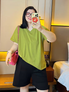 Plus Size Ladies Plus Size Womens Clothing Summer New Arrival Multi-Color Easiest for Match Slimming V-Neckline Pure Cotton T-shirt Sweat-Absorbent Breathable and Loose Short Sleeve Basic