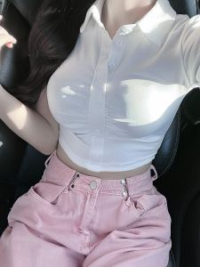 Áo Thun Nữ Cổ Polo Co Giãn Mùa Hè Gợi Cảm Ngắn Ôm Eo Tay Ngắn Thiết Kế Áo Thun Cotton Trơn Đa Năng