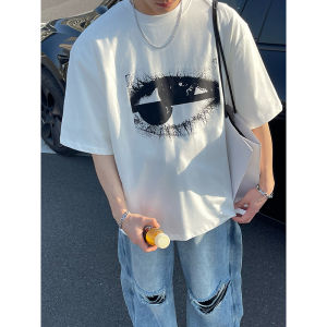 PLTH American Style Heavyweight 255g round Neck Loose Eye Pattern High Definition Print Versatile Casual Trendy Mens Short Sleeve T-Shirt