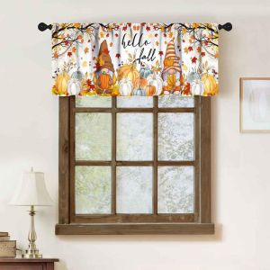 VIKAMA Black White Plaid Border Pumpkin Tree Leaf Autumn Christmas Short Window Curtain Rustic Fall Harvest Home Decor Charming