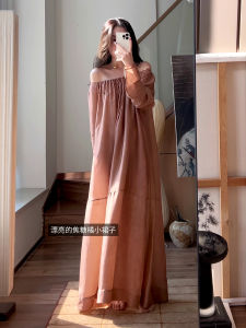 Brown One-Shoulder Long-Sleeve Spring Dress Elegant Ladylike Style A-Line Skirt Natural Waist Tea Break Gown Fairy Tale Vibes