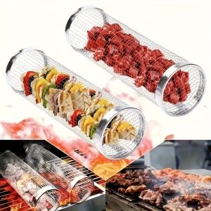 2pc Stainless Steel Rolling Grill Basket Set - Heavy Duty Cylinder Mesh for Camping Picnic & Outdoor BBQ Accessories
