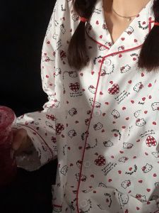 Pure Cotton Nightgown Womens Spring Autumn 2025 New Casual Loose Cute Sweet Kitty Cat Long Sleeve Home Clothes Set