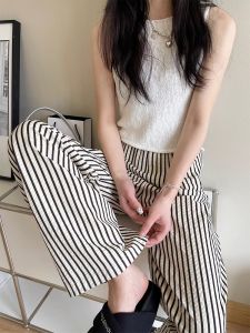Black Striped Wide-Leg Pants Womens Summer Thin High Waist Drooping Loose and Idle Walking Pants Casual Draggle-Tail Straight Trousers