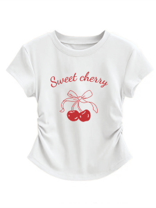 Áo Thun Nữ Tay Ngắn Màu Trắng Ôm Vừa Vặn Mùa Hè Thiết Kế Mới Cổ Tròn in Họa Tiết Cherry Đỏ Cạp Cao