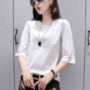 Button Design Casual Three-Quarter Sleeve round Neck T-Shirt Women Slimming Pure Cotton Summer New Fashion Korean Style Top
