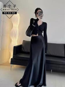 Extended Length 175cm Tall Womens French Draped Black Satin Midi Skirt Summer High Waist A-Line Skirt Slimming Effect