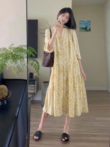 Váy Hoa Phong Cách Pháp Rộng Rãi Cho Nữ Mùa Thu Du Lịch Váy Dài Xếp Ly Cạp Cao Tay Bồng Kiểu Dáng Chữ a Cổ Chữ V