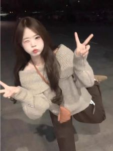 Áo Len Dệt Kim Hở Vai Kiểu Pháp Cho Nữ Mùa Đông Phong Cách Hàn Quốc Rộng Rãi Thoải Mái Áo Len Dệt Kim Hở Vai Áo Len Dệt Kim