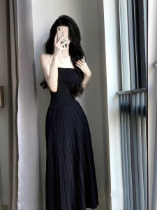 Pure Desire Black Sleeveless Strapless Knitted Long Dress Womens Waist-Cinching Design Korean Style Commute High Waist A-Line Skirt