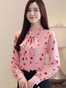Korean Style Butterfly Knot Large Polka Dot Print Long Sleeve Womens Chiffon Shirt Spring Summer New Fashion Elegant Lady Shirt