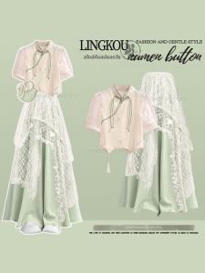 NUMEN BUTTON | Plus Size Summer Set Cheongsam Style Lace Blouse and High Waist Pants Dress Combo