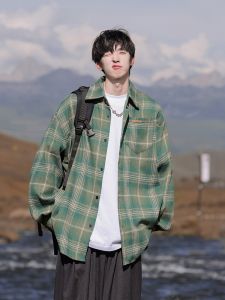 HetingHOME | Hetinghome Loose Mens Long Sleeve Plaid Shirt Green Outerwear Autumn Trendy Brand Couples Shirt Casual Artistic Style Cotton