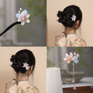 Girl Chinese Ancient Style Pink and Blue Flower Face Wooden Hair Clasp Super Fairy Classical Hairpin Kids Archaistic Headdress Han Chinese Clothing Hair Accessories Tassel Buyao