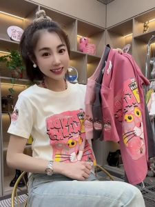 European Station Pink Panther Print Pure Cotton Short-Sleeved T-shirt Female Summer New Fashion All-Matching Silm Slimming Bottoming Top