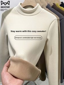 MiiOW | Thickened Fleece Womens Base Shirt Winter Style Slim Fit Long Sleeve Half High Collar Cat Person Inner Wear Outer Wear Top