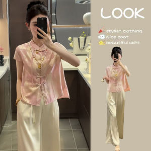 New Chinese Style Fashion Set Women Summer High-End Feelings Stylish Temperature Embroidered Top Casual Wide Leg Pants Two Piece Set