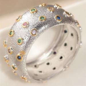 Huitan Fashion Women Two Tone Ring for Wedding Party Gentle Accessories Inlaid Multiple Colors Shiny CZ Special Daily Jewelry