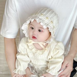 Princess Style Baby Hat with Pearl Trim Spring Autumn Floral Lace Baby Headwear Child Outing Windproof Cap Female Toddler Ear Protection Hat