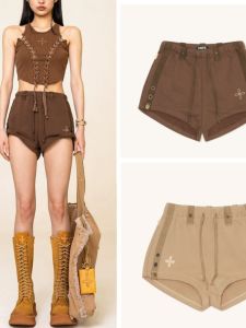 High Waist Adjustable Running Shorts Casual Cotton Camp Pants Womens Style Streetwear Regular Thickness Straight Leg