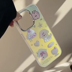 Korean Gilding Cartoon Dessert Puppy Laser Plating Phone Case For iPhone 16 15 14 13 12 Pro Max Shockproof Protective Hard Cover