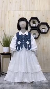 Gamis raya 2in 1 rompi jeans mix shakila brukat anak perempuan usia 3 - 10 tahun / baju gamis lebaran anak brukat malika - pakaian muslimah anak renda bunga