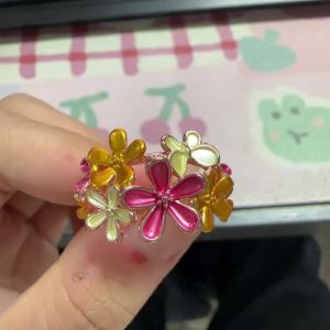 Huitan Colorful Enamel Flower Women Two Tone Ring Dainty Party Wedding Metal Lady Jewelry Charming Trendy Romantic Accessories