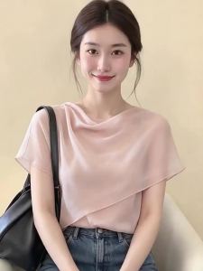 La Chapelle | French Pink Draping Collar Chiffon Short Sleeve Shirt